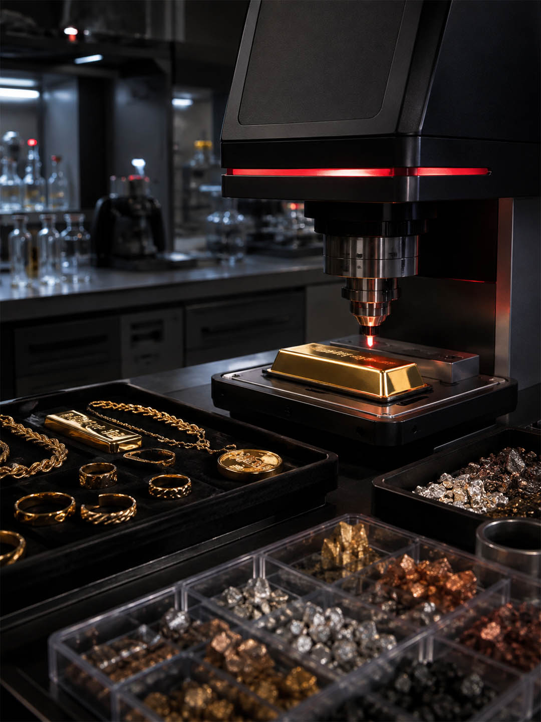 Precious metals analysis laboratory with gold and jewellery samples