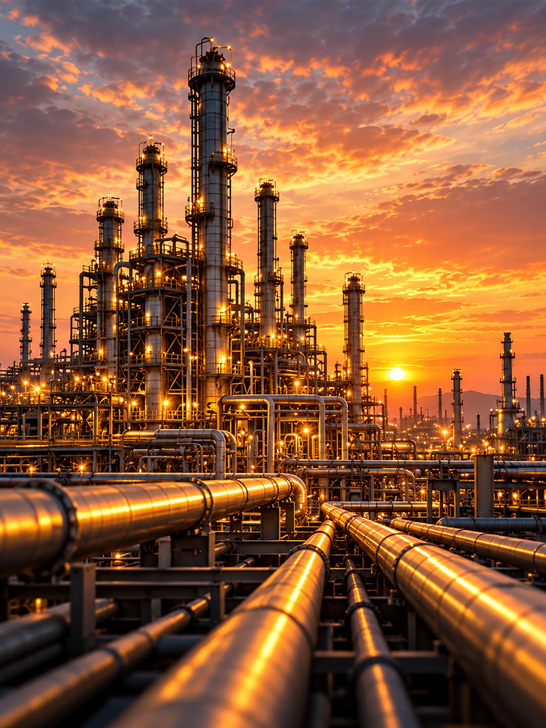 Oil and gas refinery material inspection at sunset