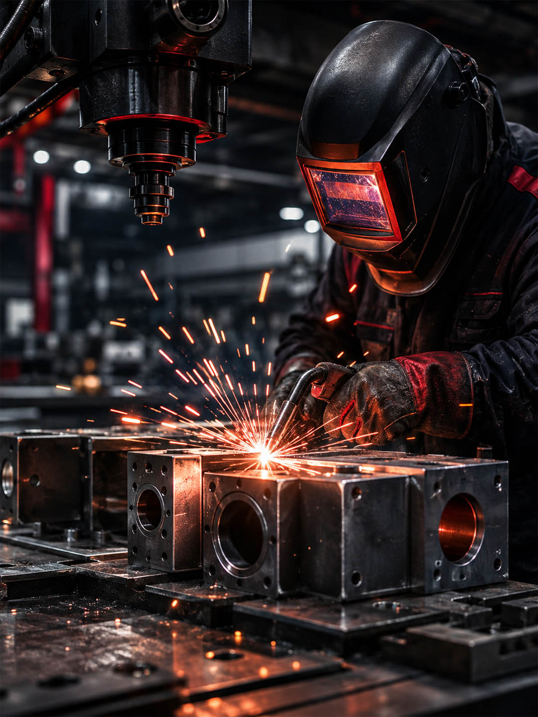 Metal fabrication workshop with welding and precision machining
