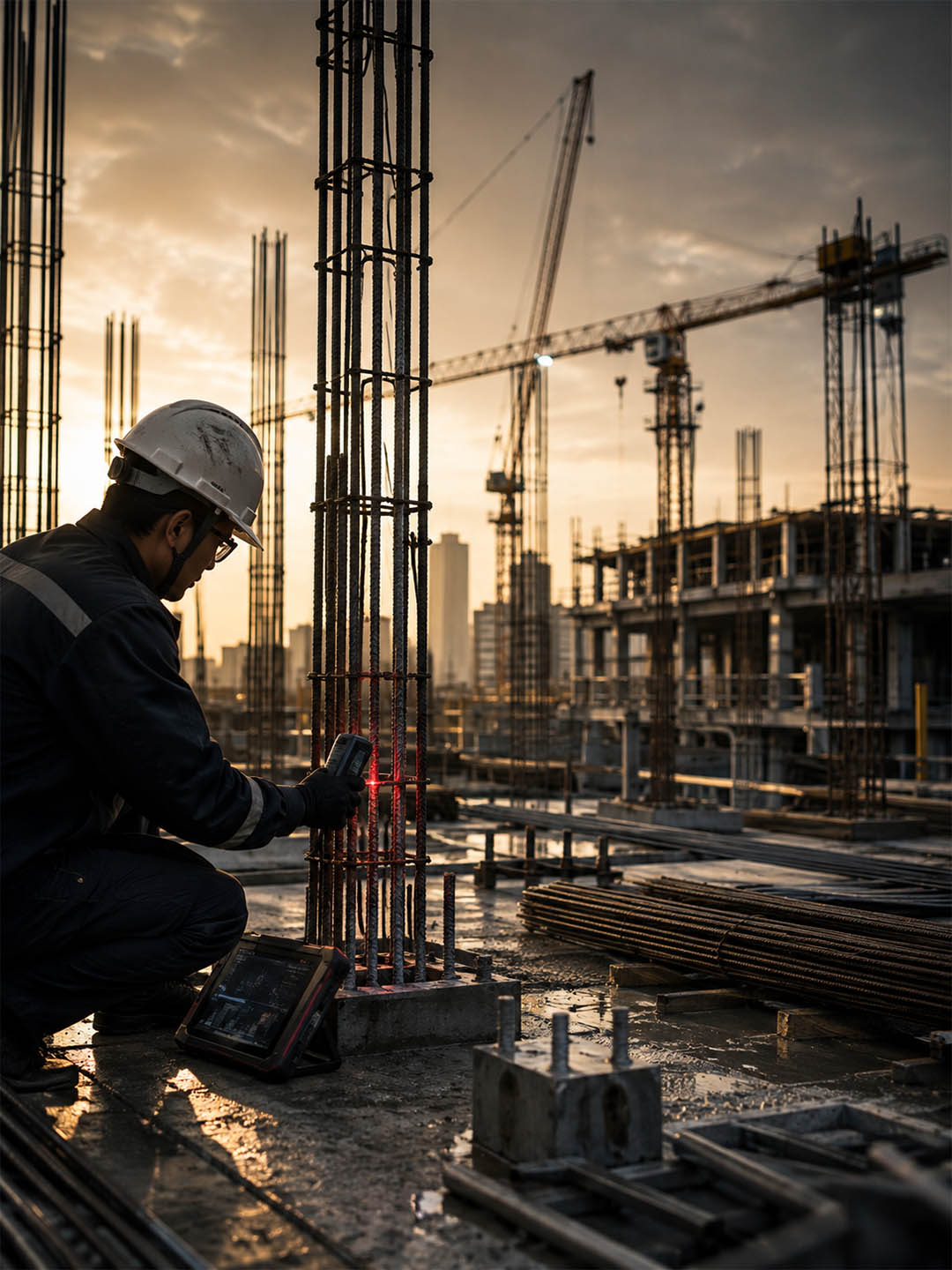 Construction site structural steel and rebar inspection