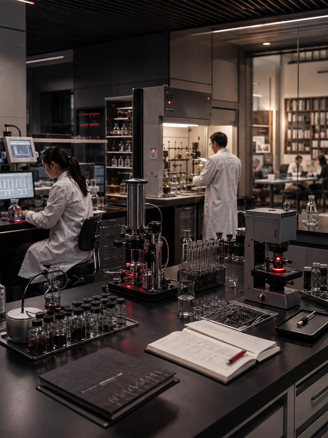 University research laboratory with scientists and analytical equipment
