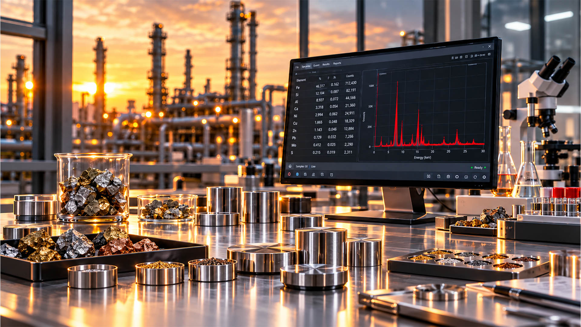 Metallurgical analysis laboratory overlooking an industrial facility
